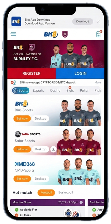 BK8 mobile app screenshot showing sports betting interface with live matches, register and login buttons